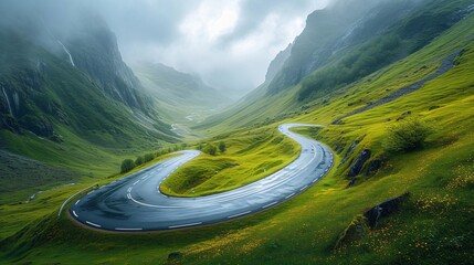 Serpentine mountain road, lush greenery and blue sky. Scenic route natural landscape, travel adventure concept.