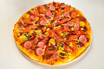 Delicious mixed pizza with rich content. Menu concept of choice and diversity. Pepperoni, Formaggi, Veggie, Karisik pizza
