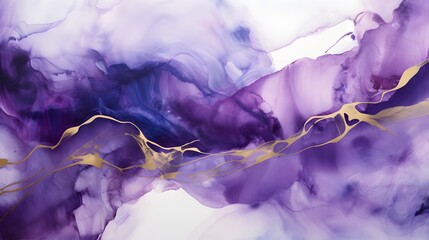 Abstract violet liquid background with glitter golden line and splash. Marble alcohol ink, luxury...