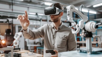 Tech developer wearing virtual reality headset at robotic workshop