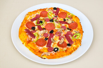 Delicious mixed pizza with rich content. Menu concept of choice and diversity. Pepperoni, Formaggi, Veggie, Karisik pizza