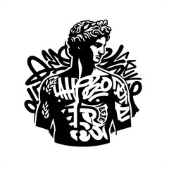 apolo; deity mythology silhouette, deity in graffiti tag, hip hop, street art typography illustration.