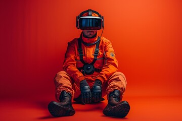 Man in electric blue space suit sitting wearing virtual reality helmet - Powered by Adobe