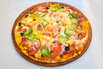 Delicious mixed pizza with rich content. Menu concept of choice and diversity. Pepperoni, Formaggi, Veggie, Karisik pizza
