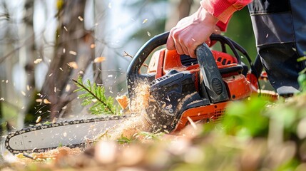 Naklejka premium Close-up of man cutting trees from forest or garden with chainsaw and tools