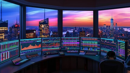 Elevated View of a Strategic Finance Trade Manager Overseeing Vibrant Stock Market Charts and Indicators on Multiple Screens