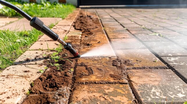 Cleaning dirty backyard paving tiles with pressure washer cleaner. Spring clean up