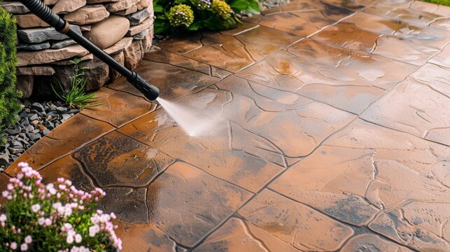 Cleaning dirty backyard paving tiles with pressure washer cleaner. Spring clean up