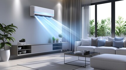 A room with the air conditioner encompasses blue waves of clean air