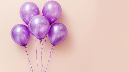celebration: violet round helium air balloons on side of pastel colored light purple background...