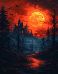 halloween night background, cartoon illustration