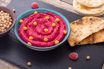 Declicious food from chickpea - beetroot hummus