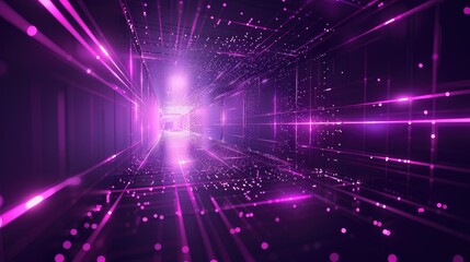Obraz premium Glowing futuristic abstract background with purple energy digital square rectangle tunnel made of lines and dots