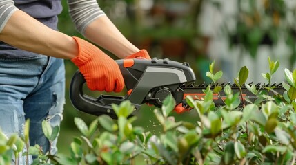 Obraz premium Close up of woman using electric hedge trimmer for shaping overgrown bushes at garden. Professional female gardener taking care of green plants outdoors.