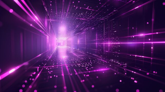 Glowing futuristic abstract background with purple energy digital square rectangle tunnel made of lines and dots