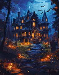 Fototapeta na wymiar halloween night background, cartoon illustration