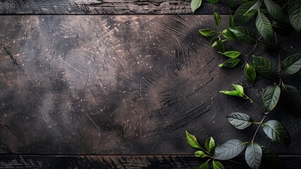 Dark wooden textured backdrop with scattered green leaves on one side - Powered by Adobe