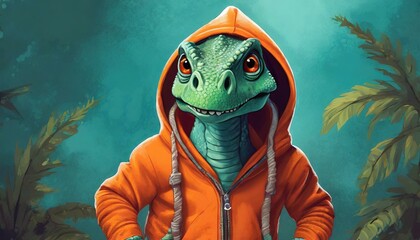 Quirky Dinosaur Character Dressed in Bright Orange Hoodie on a Teal Background