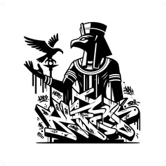 Horus silhouette, deity in graffiti tag, hip hop, street art typography illustration.
