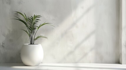 Potted plant on white windowsill with sunlight and shadows - obrazy, fototapety, plakaty