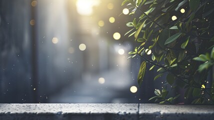 Green plant leaves with blurred urban background and glowing bokeh lights