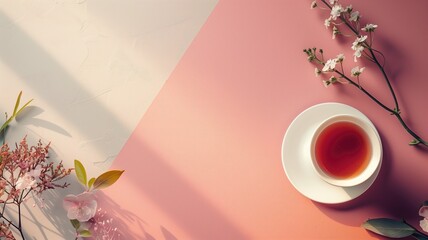 Cup of tea with flowers on dual-tone background