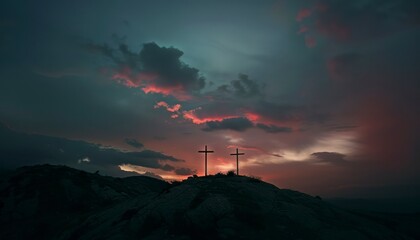 The Christianity themed on a background with dramatic at dawn, the spirit of preaching the Gospel throughout the world. A beautiful sea of ​​clouds, dark clouds and sky and sunbeams