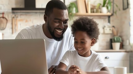 A african american parent is helping his son  to study and complete homework - Powered by Adobe