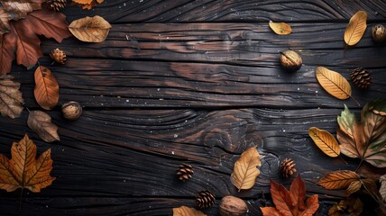 Autumn leaves and nuts on dark wooden texture