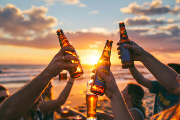 Silhouette of a group of friends having a party on a beach at sunset drinking beer