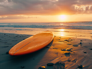 A surfboard on a beautiful beach as the sun sets