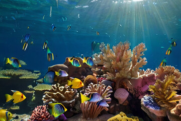 Dive into a vibrant underwater world with colorful tropical fish and coral reef scene. Perfect for travel and ocean exploration concepts.