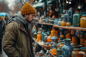 A shopper browsing the stalls of a vibrant flea market, discovering hidden treasures and unique finds. Concept of exploration and discovery. Generative Ai. - obrazy, fototapety, plakaty