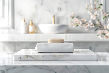Fototapeta na wymiar Marble podium for bathing product display on blurred bathroom background - generative ai