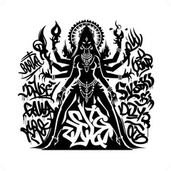 Fototapeta na wymiar kali; deity mythology silhouette, deity in graffiti tag, hip hop, street art typography illustration.
