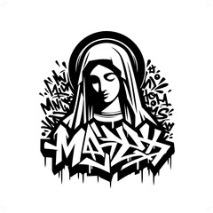 virgin mary silhouette, people in graffiti tag, hip hop, street art typography illustration.