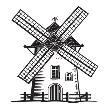 Windmill in cartoon, doodle style . Image for t-shirt, web, mobile apps and ui. Isolated 2d vector illustration in logo, icon, sketch style, Eps 10, black and white. AI Generative