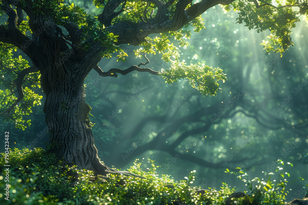 Poster a tree with leaves that emit a soothing melody when rustled by the wind, creating an enchanting ambi