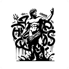 Fototapeta na wymiar poseidon; deity mythology silhouette, deity in graffiti tag, hip hop, street art typography illustration.