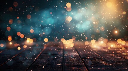 Bokeh lights with wooden surface and dreamy ambiance - obrazy, fototapety, plakaty