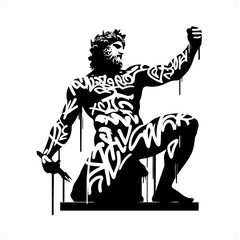 poseidon; deity mythology silhouette, deity in graffiti tag, hip hop, street art typography illustration.