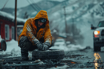 A kind gesture of helping a stranger change a flat tire, offering assistance and kindness in a time of need. Concept of random acts of kindness. Generative Ai.