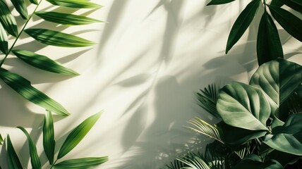 Green tropical plants with shadows on light background