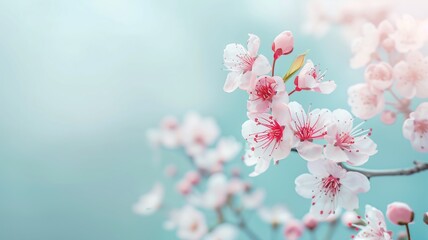 Pink cherry blossoms against soft blue background
