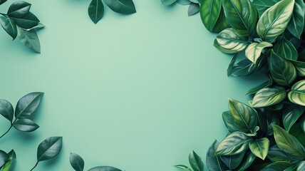 Green leaves on pale turquoise background with copy space - obrazy, fototapety, plakaty