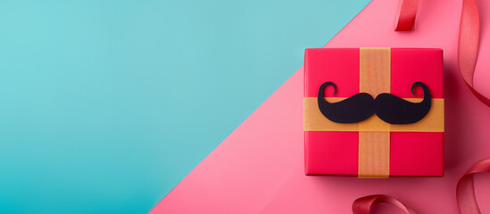 Father's Day, red gift box with yellow ribbons, a black paper mustache pastel blue background