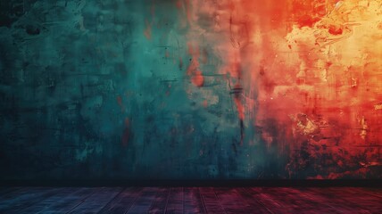 Abstract blue and red grunge background with wooden floor - obrazy, fototapety, plakaty