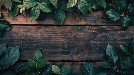 Green leaves bordering top edge of rustic wooden background - obrazy, fototapety, plakaty