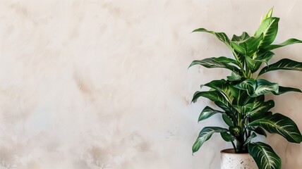 Green potted plant against textured beige background with space for text