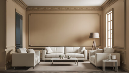 Beige room interior, living room interior mockup, empty beige wall, 3d rendering